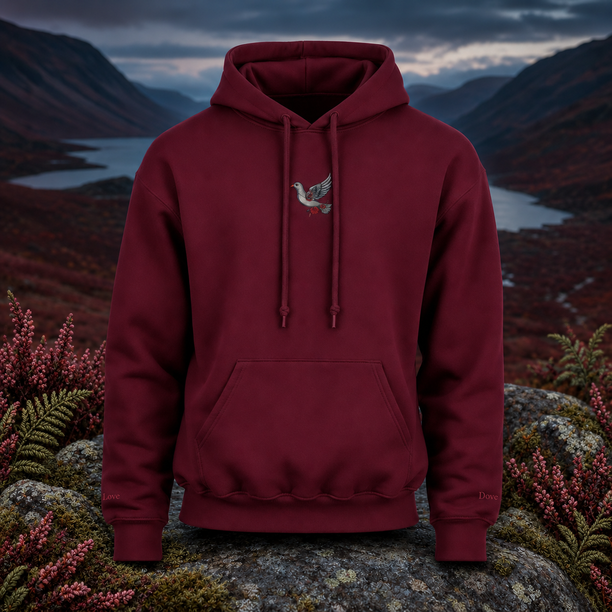 Dove Hoodie – Peace, Love & Divine Guidance – Bright Future product image — original product in a realistic nature scene with embroidered environmental details.
