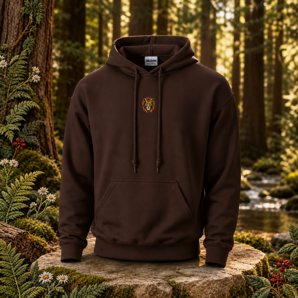 Lion Hoodie – Strength, Power & Confidence – Bright Future product image — original product in a realistic nature scene with embroidered environmental details.