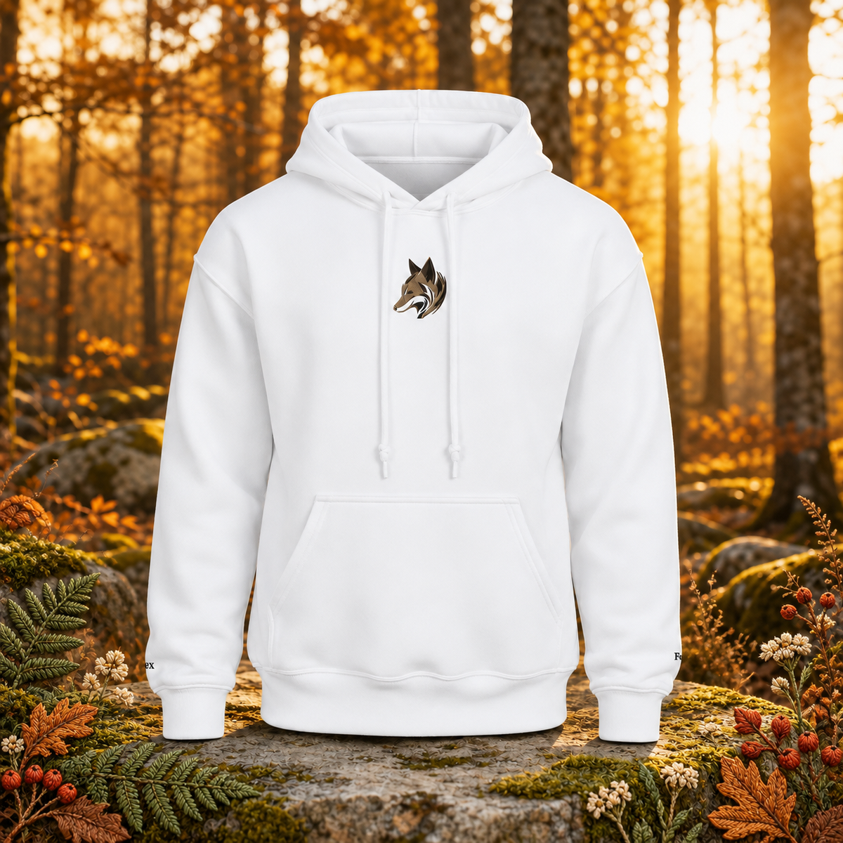 Fox Hoodie – Bright Future product image — original product in a realistic nature scene with embroidered environmental details.