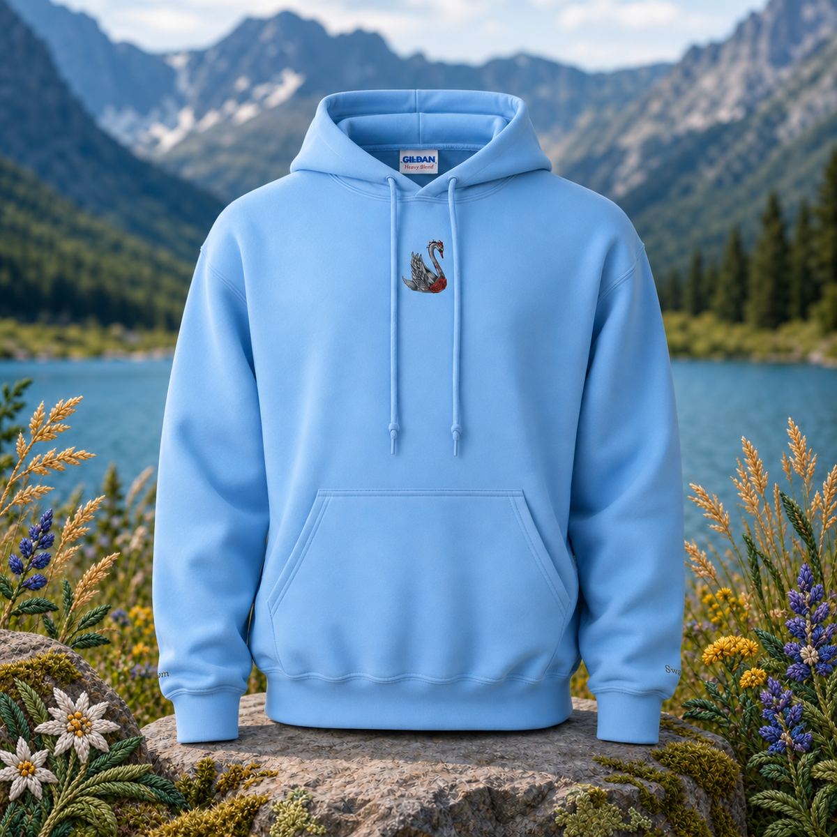 Swan Hoodie – Bright Future product image — original product in a realistic nature scene with embroidered environmental details.