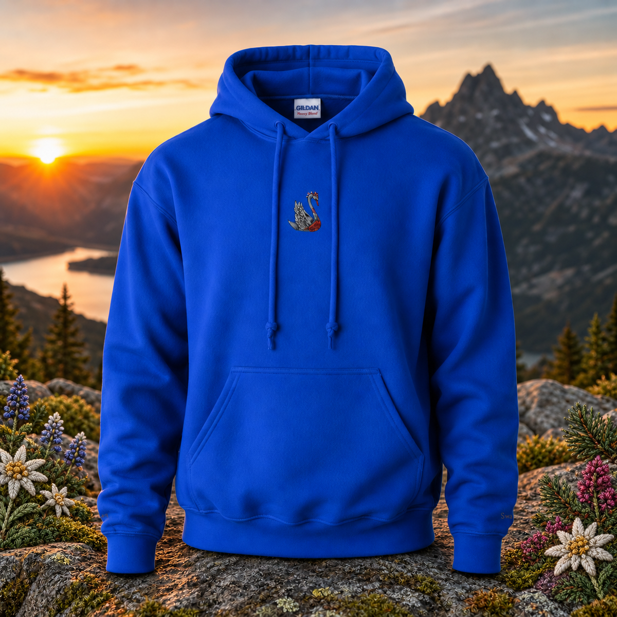 Swan Hoodie – Bright Future product image — original product in a realistic nature scene with embroidered environmental details.