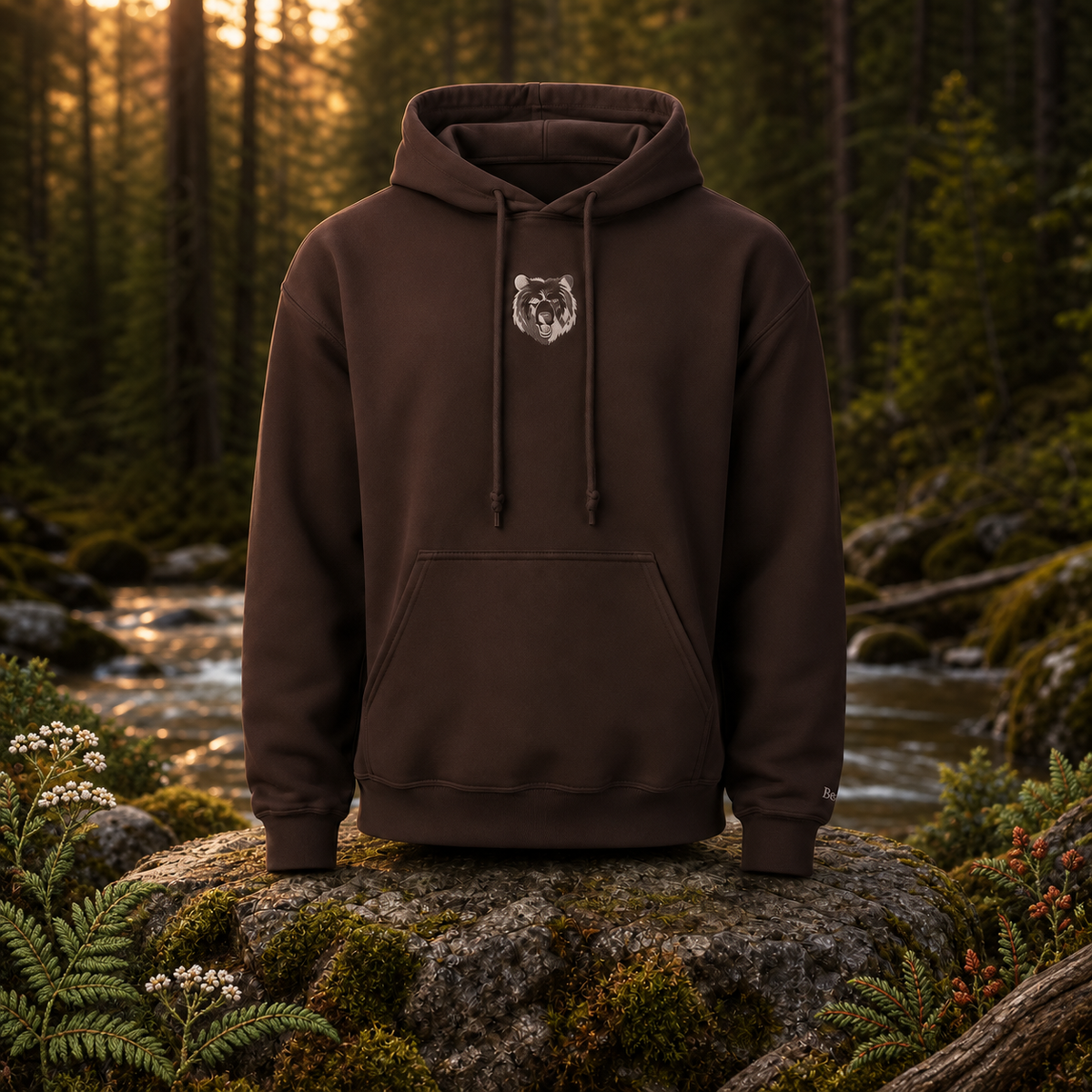 Bear Hoodie – Bright Future product image — original product in a realistic nature scene with embroidered environmental details.
