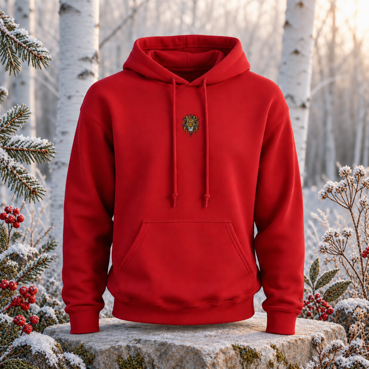 Lion Hoodie – Strength, Power & Confidence – Bright Future product image — original product in a realistic nature scene with embroidered environmental details.