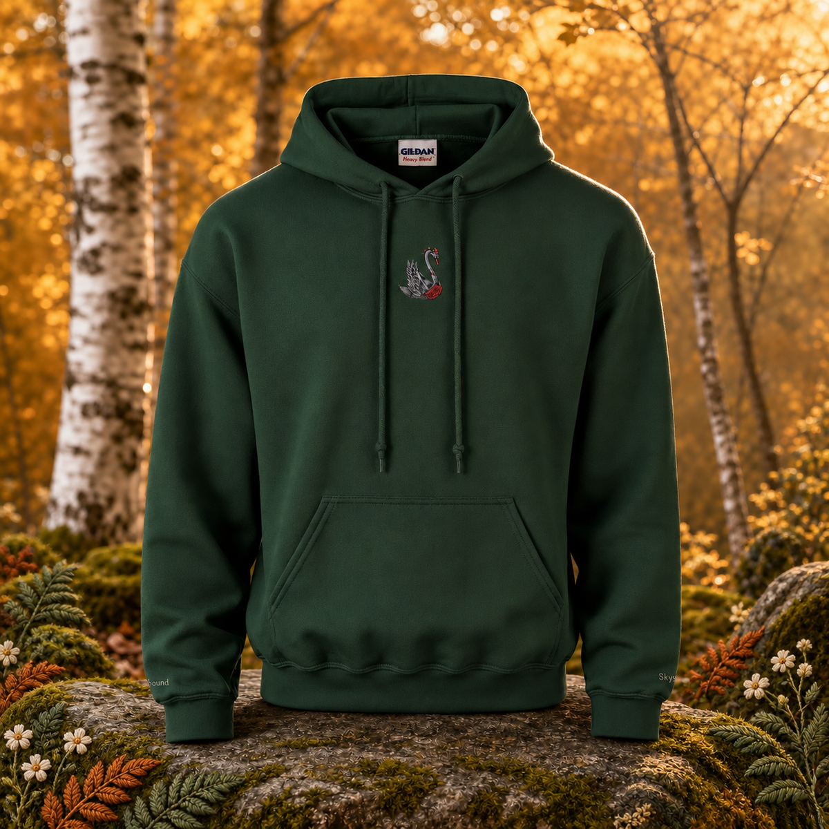 Swan Hoodie – Bright Future product image — original product in a realistic nature scene with embroidered environmental details.