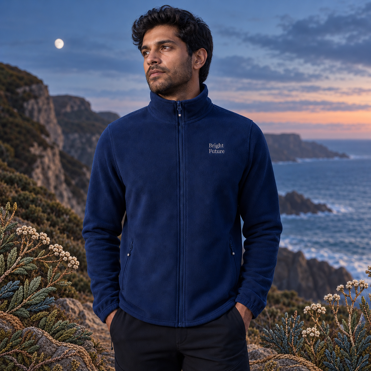 Recycled Microfleece Jacket – Bright Future product image — realistic model in an embroidered nature scene.
