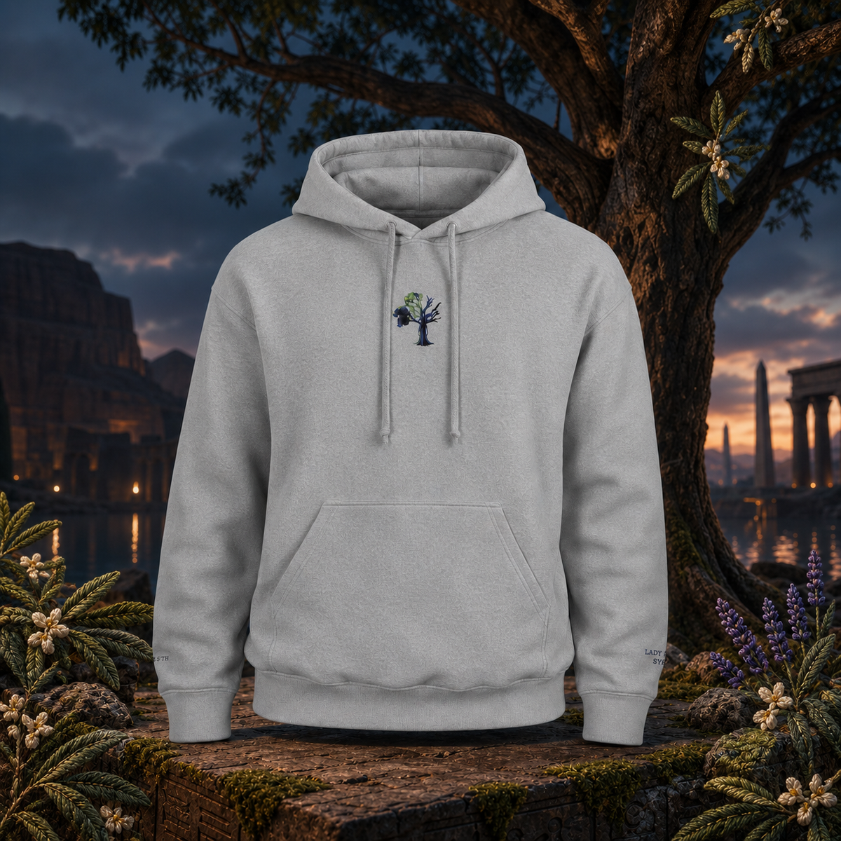 Lady of the Sycamore Symbol Hoodie – Bright Future product image — original product in a realistic nature scene with embroidered environmental details.