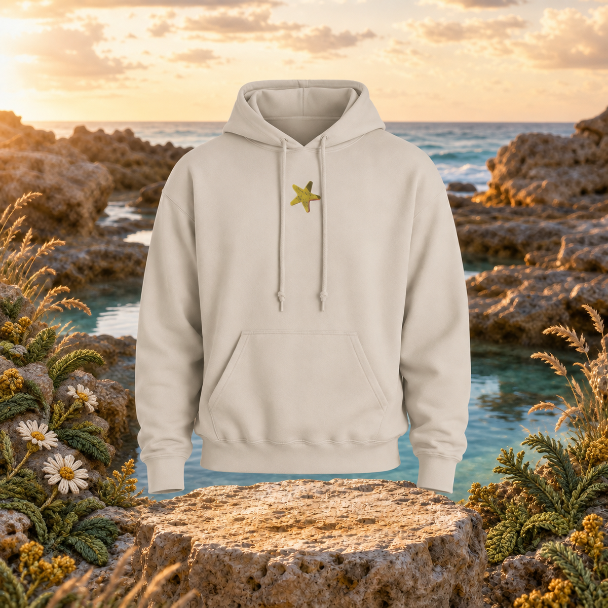 Starfish Hoodie – Bright Future product image — original product in a realistic nature scene with embroidered environmental details.