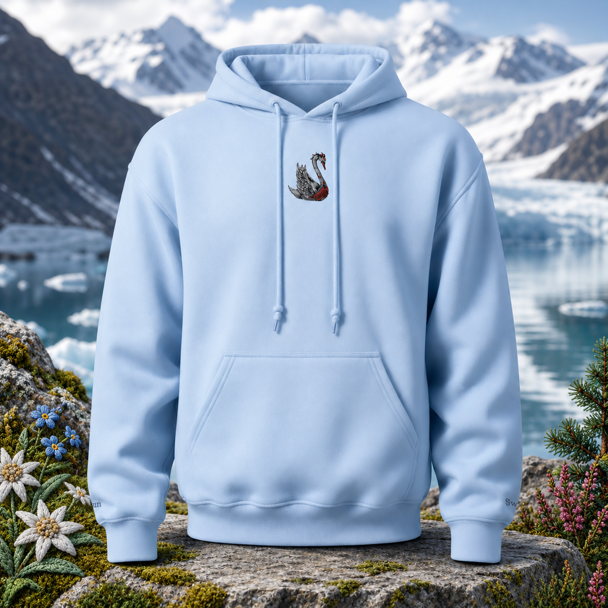 Swan Hoodie – Bright Future product image — original product in a realistic nature scene with embroidered environmental details.