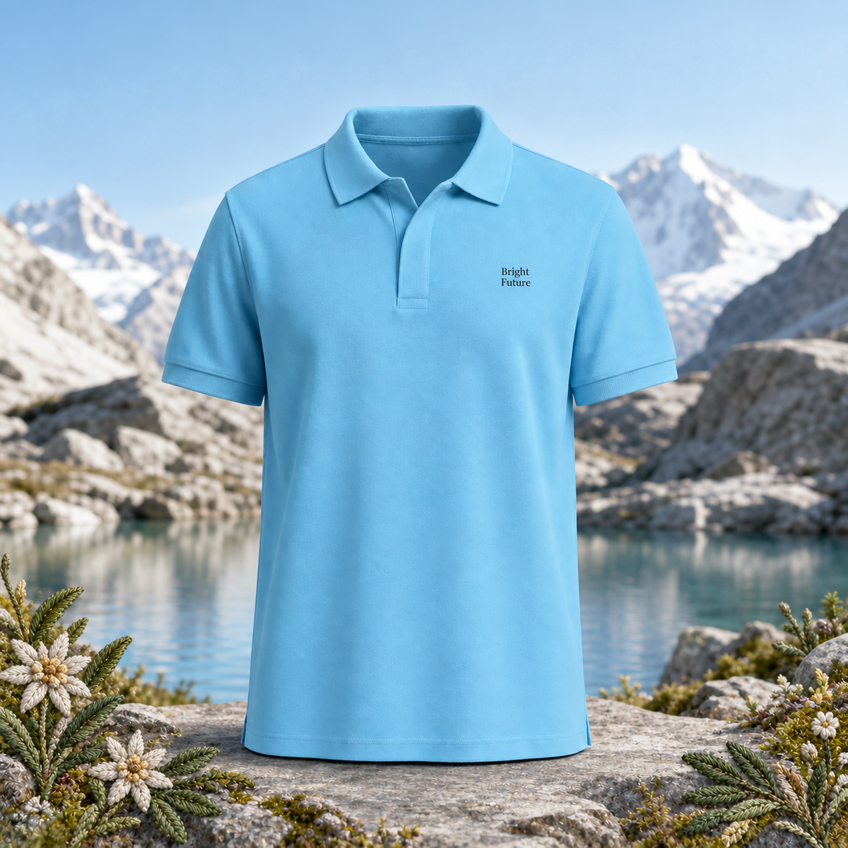 Premium Piqué Polo Shirt – Bright Future product image — original product in a realistic nature scene with embroidered environmental details.