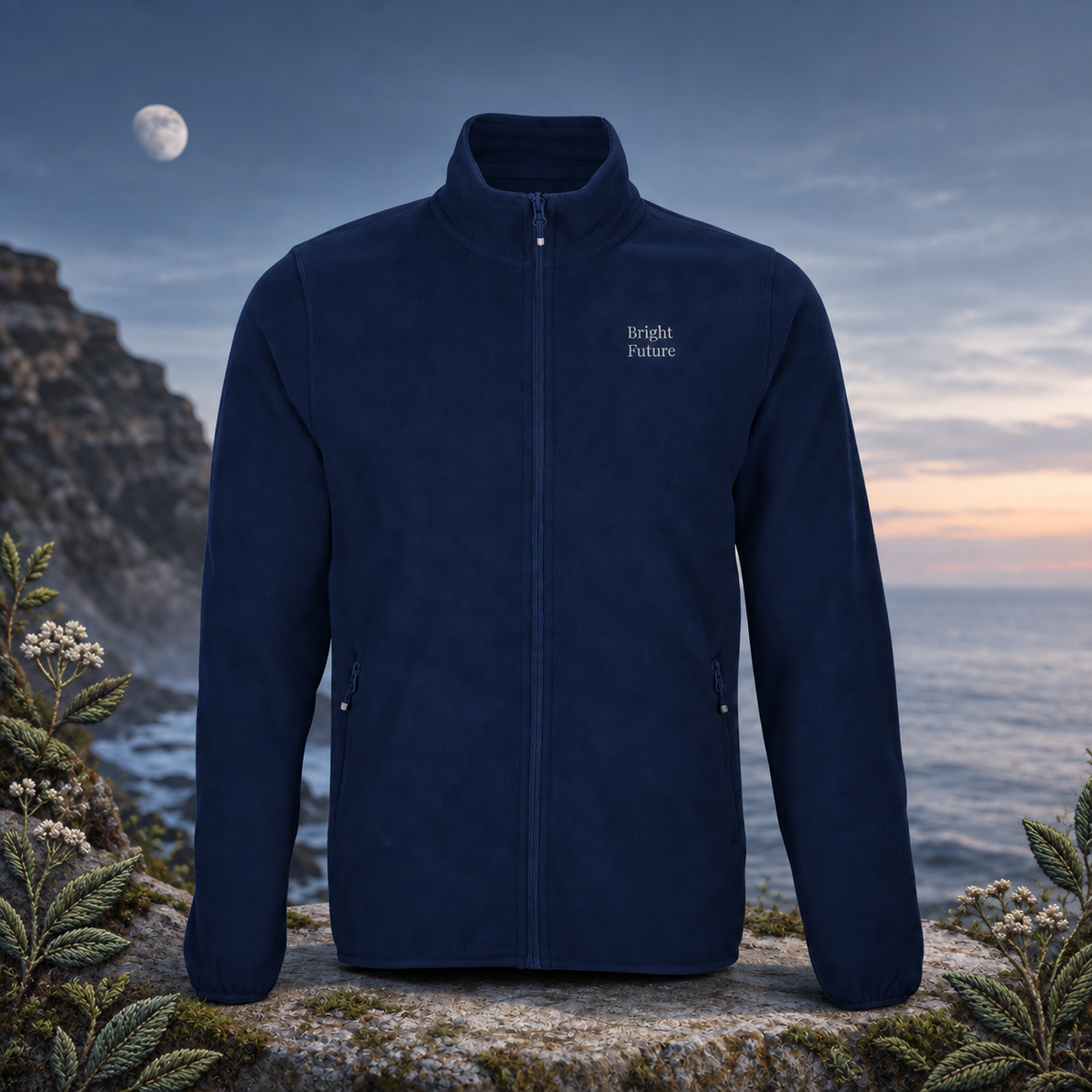 Recycled Microfleece Jacket – Bright Future product image — original product in a realistic nature scene with embroidered environmental details.