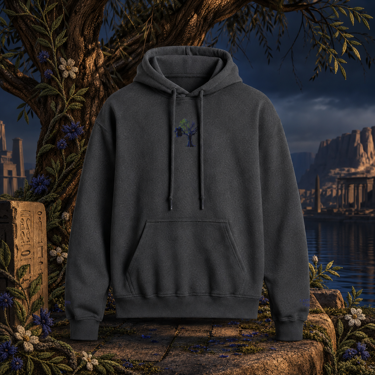 Lady of the Sycamore Symbol Hoodie – Bright Future product image — original product in a realistic nature scene with embroidered environmental details.