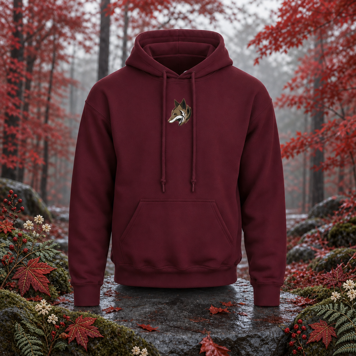 Fox Hoodie – Bright Future product image — original product in a realistic nature scene with embroidered environmental details.