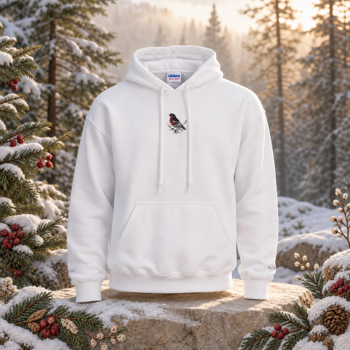 Robin Hoodie – Bright Future product image — original product in a realistic nature scene with embroidered environmental details.