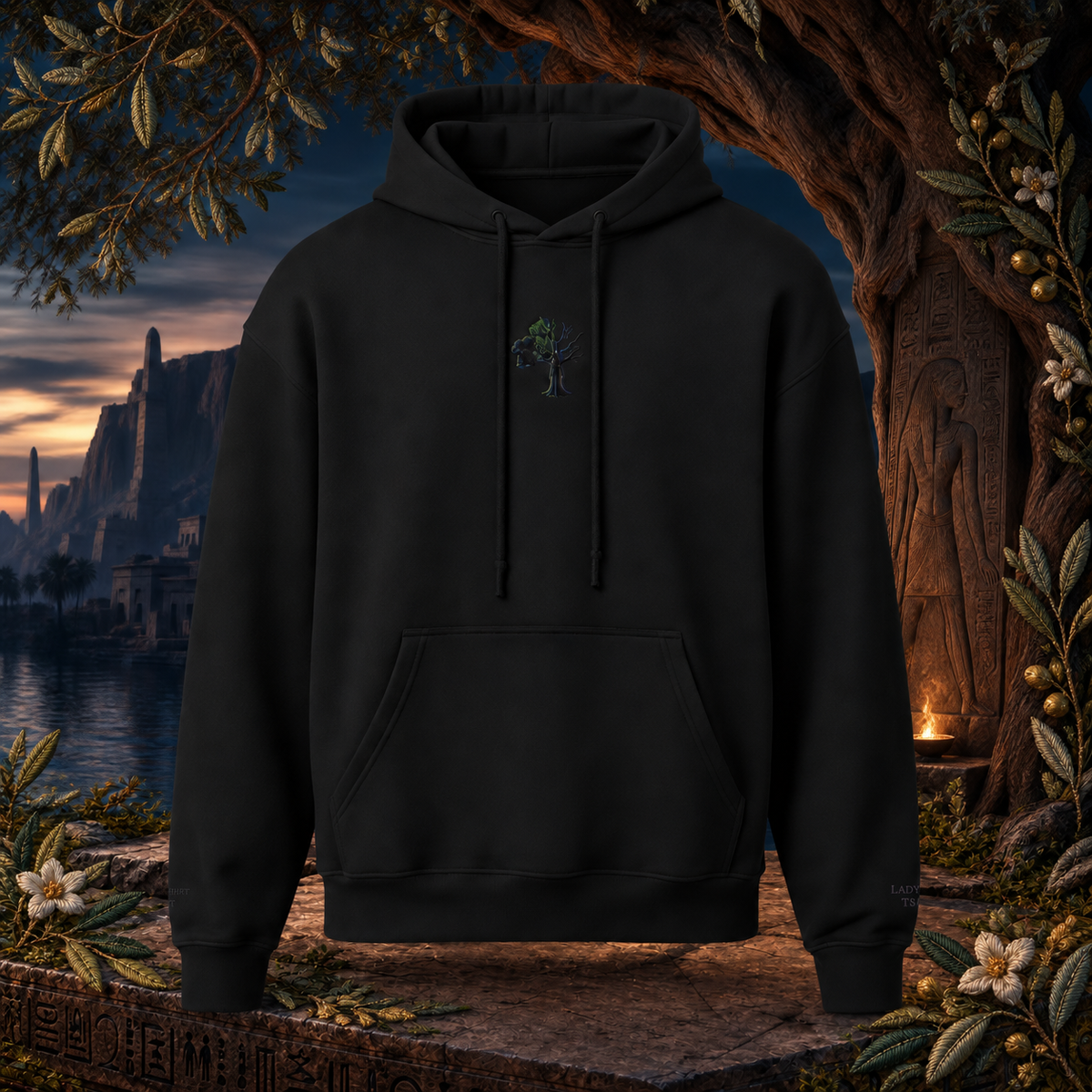 Lady of the Sycamore Symbol Hoodie – Bright Future product image — original product in a realistic nature scene with embroidered environmental details.