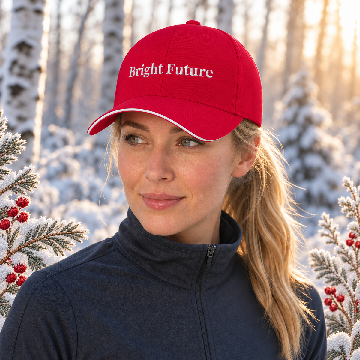Bright Future Sports Cap – Bright Future product image — realistic model in an embroidered nature scene.