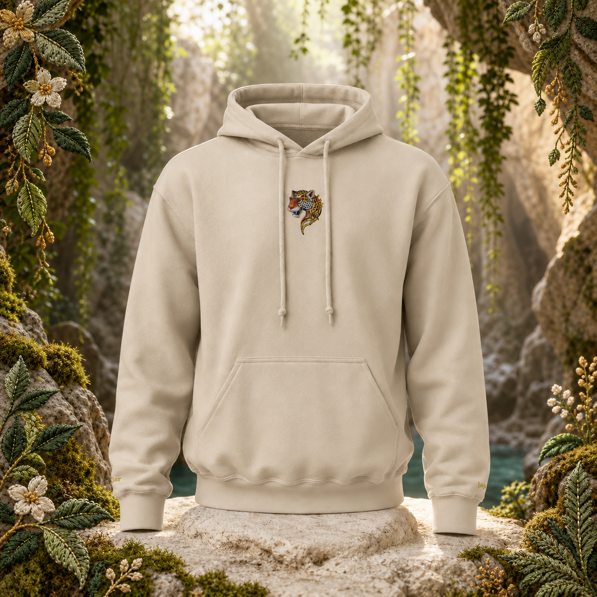 Jaguar Hoodie – Bright Future product image — original product in a realistic nature scene with embroidered environmental details.