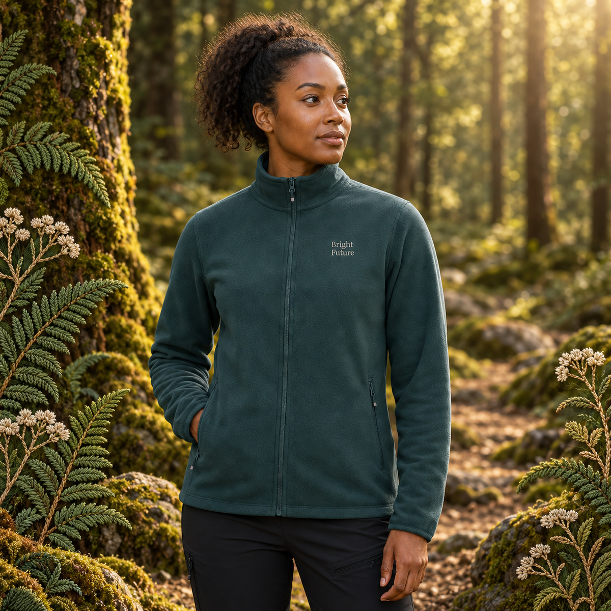 Recycled Microfleece Jacket – Bright Future product image — realistic model in an embroidered nature scene.