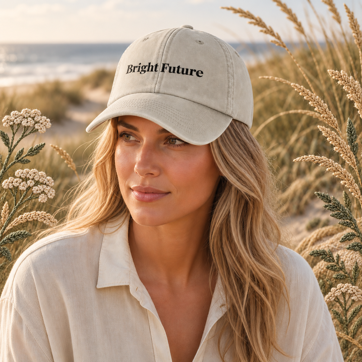 Bright Future Vintage Hat – Bright Future product image — realistic model in an embroidered nature scene.