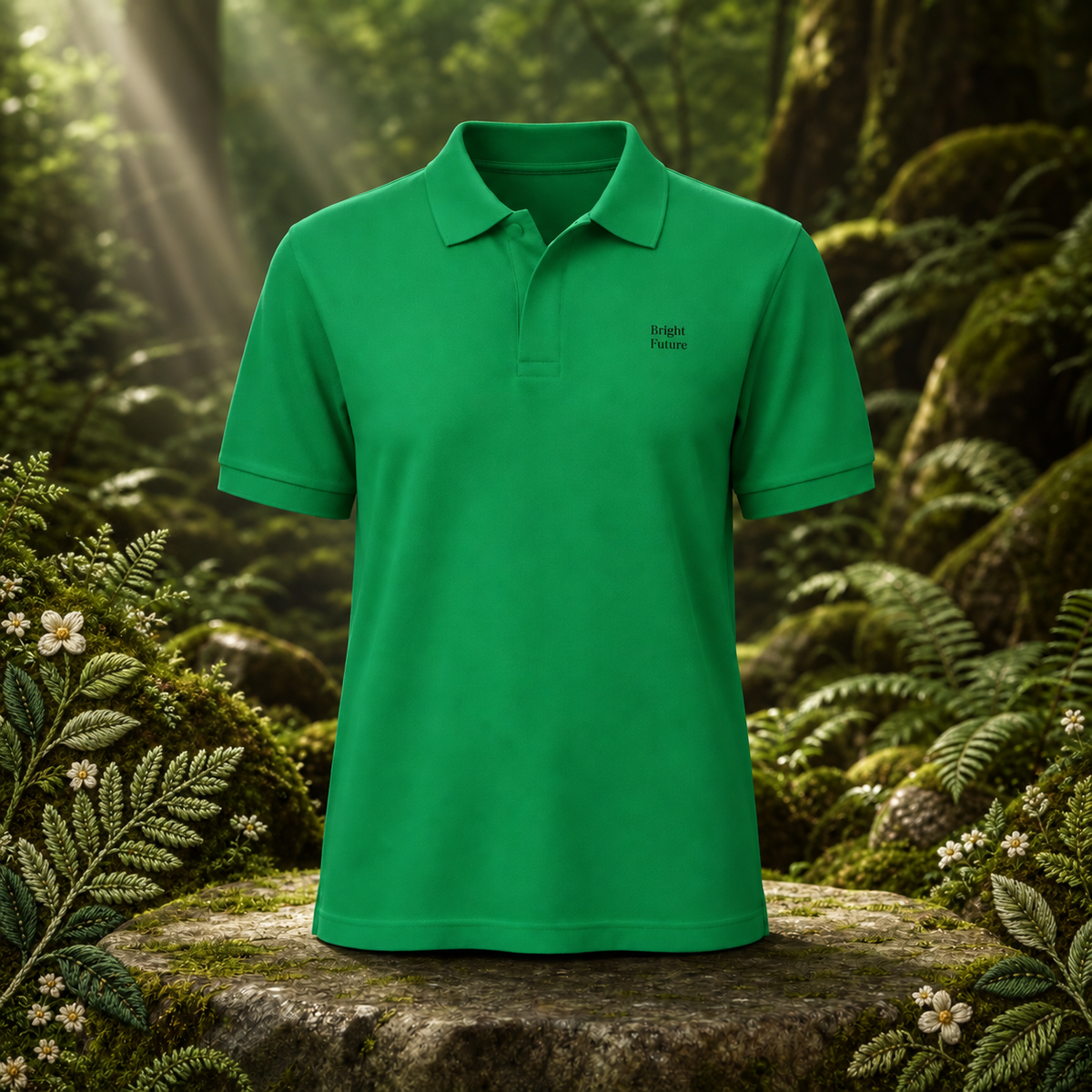 Premium Piqué Polo Shirt – Bright Future product image — original product in a realistic nature scene with embroidered environmental details.