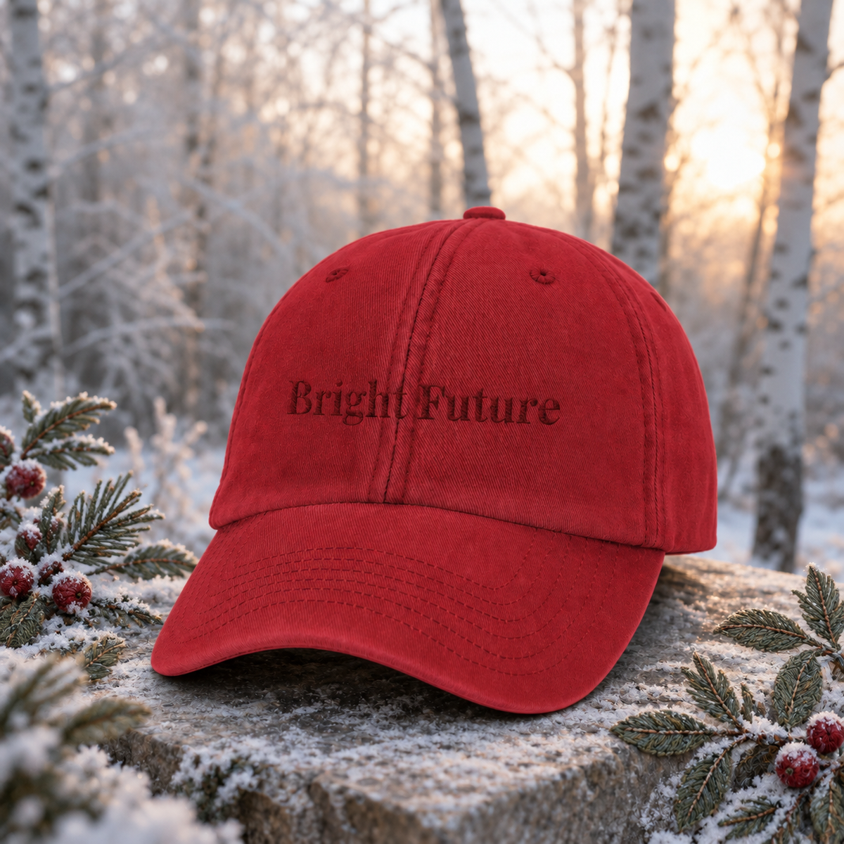 Bright Future Vintage Hat – Bright Future product image — original product in a realistic nature scene with embroidered environmental details.