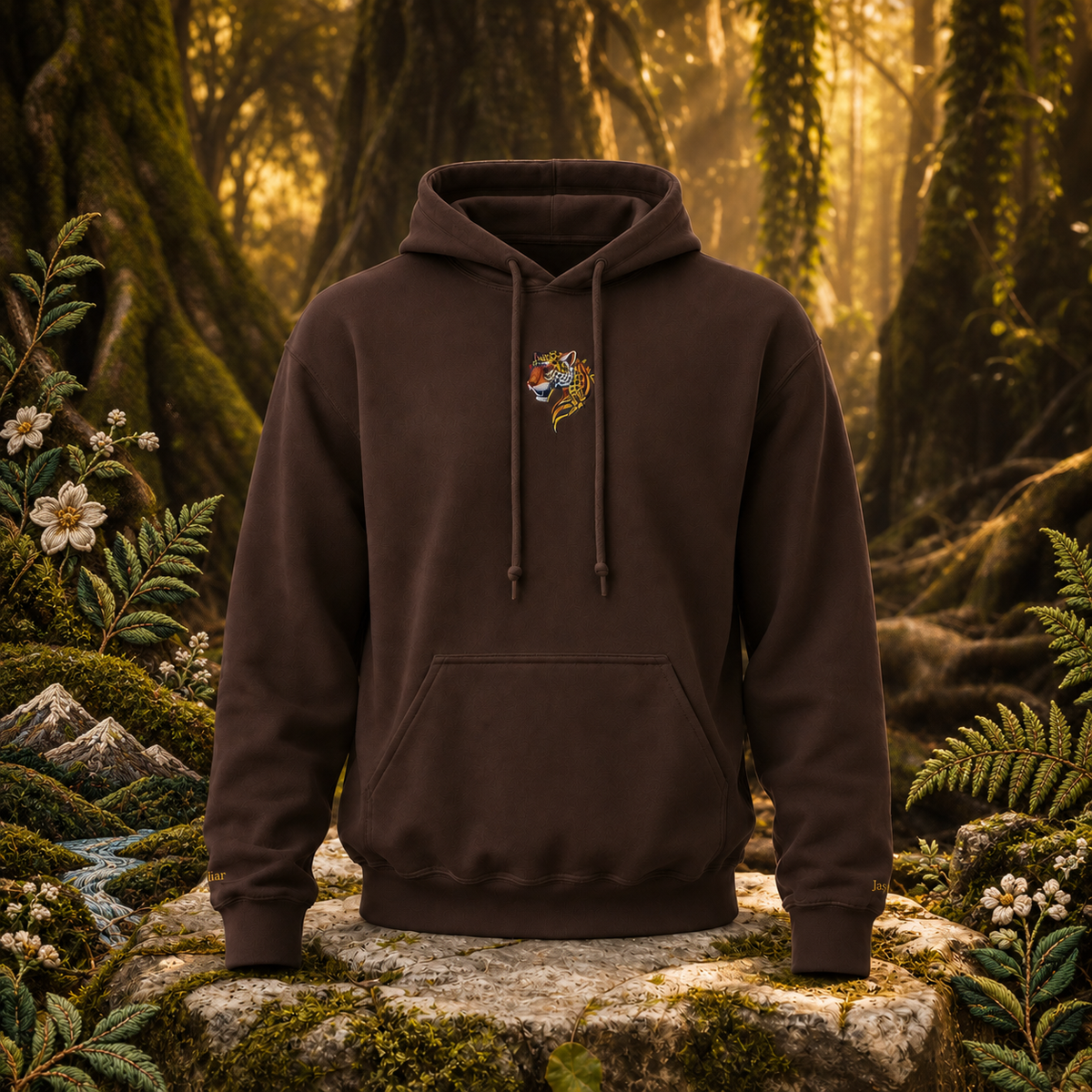 Jaguar Hoodie – Bright Future product image — original product in a realistic nature scene with embroidered environmental details.