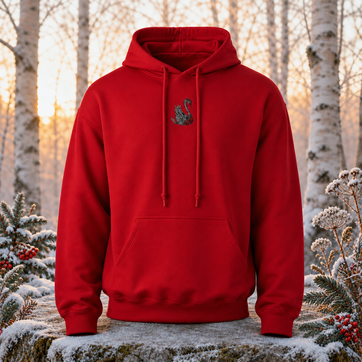 Swan Hoodie – Bright Future product image — original product in a realistic nature scene with embroidered environmental details.