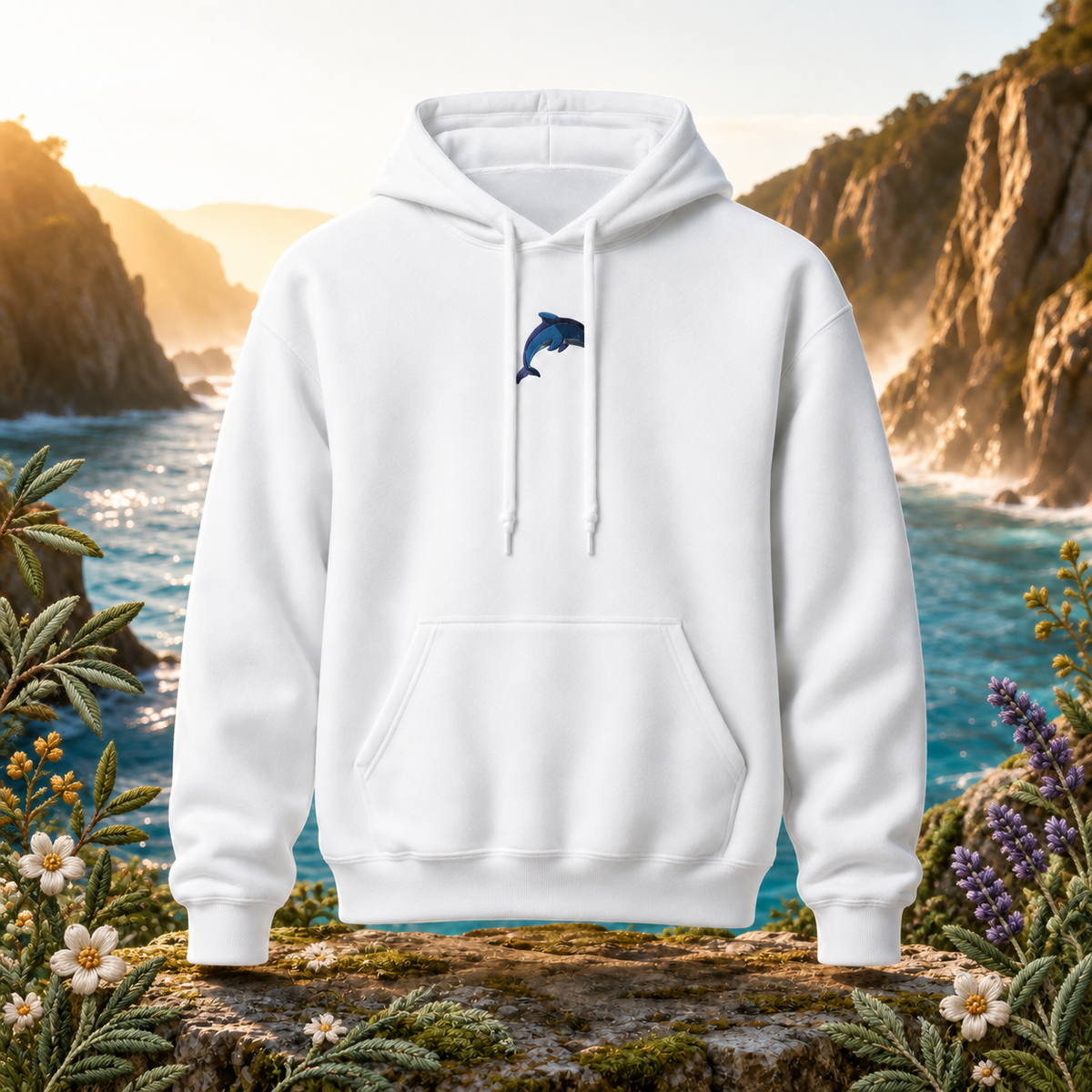 Dolphin Hoodie – Joy, Harmony & Intelligence – Bright Future product image — original product in a realistic nature scene with embroidered environmental details.