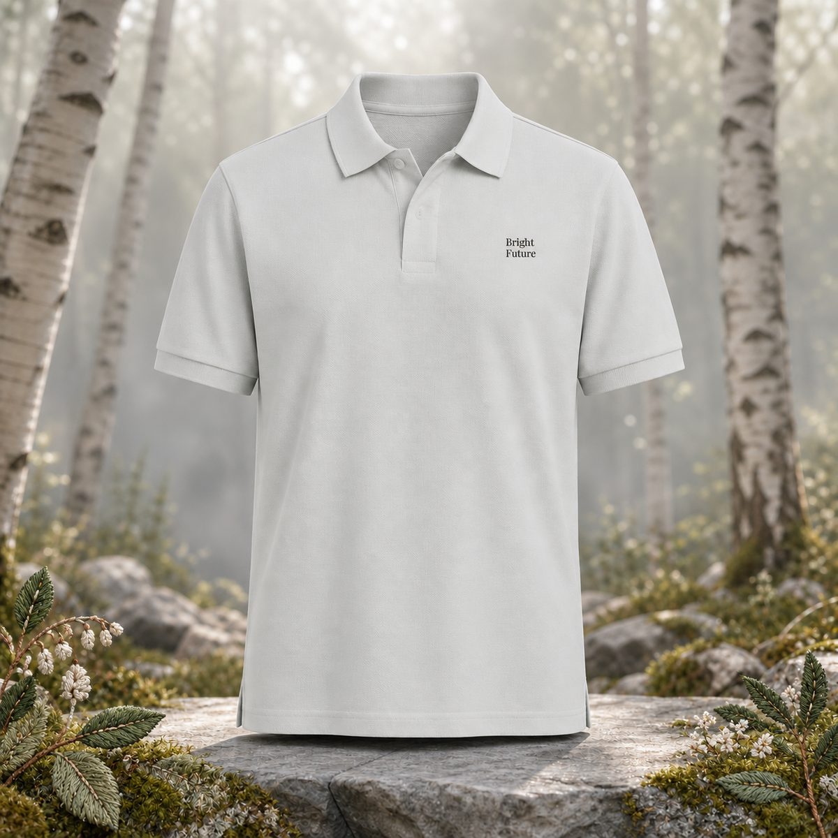 Premium Piqué Polo Shirt – Bright Future product image — original product in a realistic nature scene with embroidered environmental details.