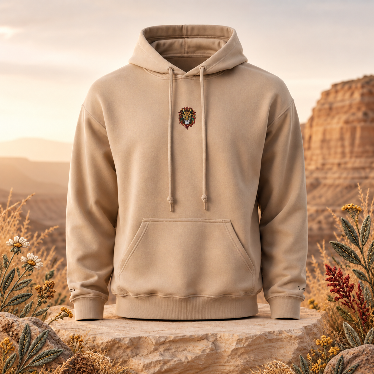 Lion Hoodie – Strength, Power & Confidence – Bright Future product image — original product in a realistic nature scene with embroidered environmental details.