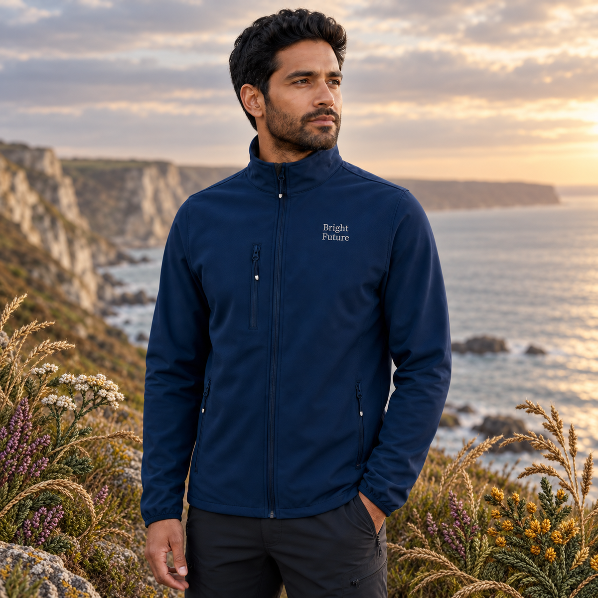 Recycled Softshell Jacket – Bright Future product image — realistic model in an embroidered nature scene.