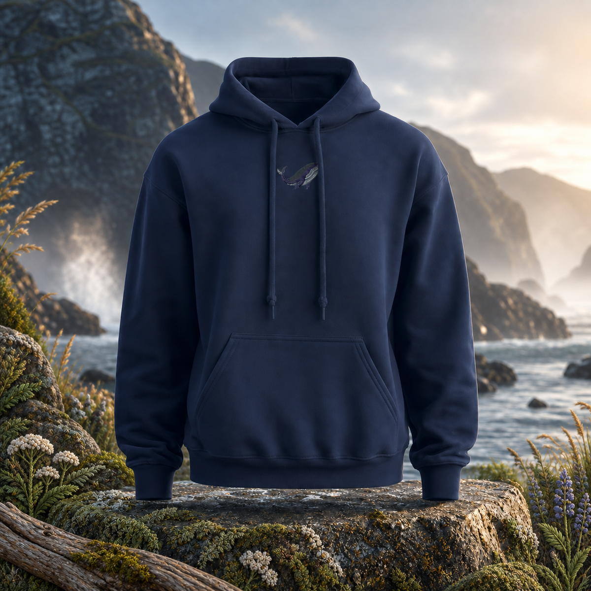 Blue Whale Hoodie – Wisdom, Depth & Serenity – Bright Future product image — original product in a realistic nature scene with embroidered environmental details.