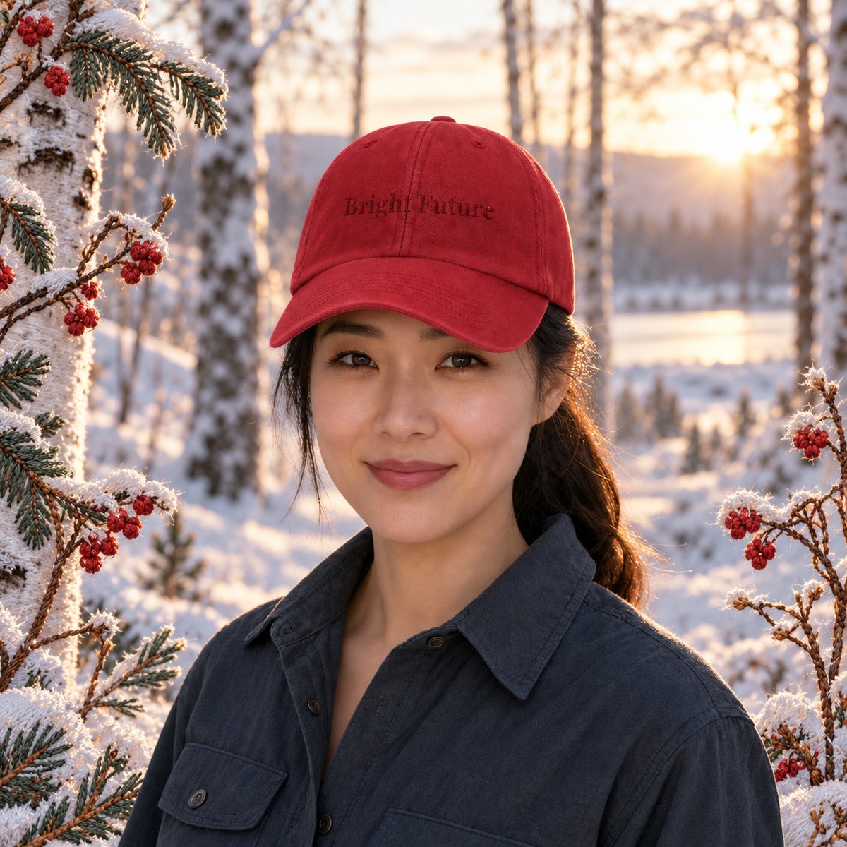 Bright Future Vintage Hat – Bright Future product image — realistic model in an embroidered nature scene.