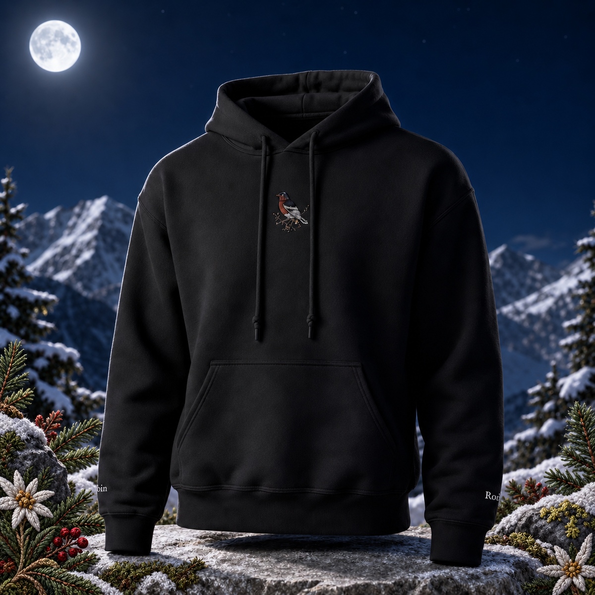 Robin Hoodie – Bright Future product image — original product in a realistic nature scene with embroidered environmental details.