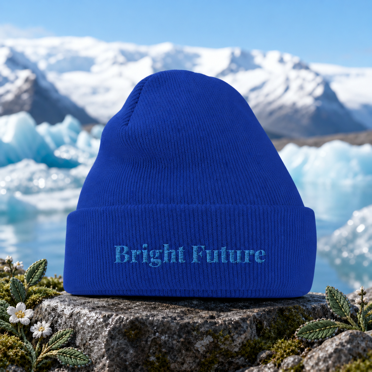 Bright Future Beanie – Bright Future product image — original product in a realistic nature scene with embroidered environmental details.