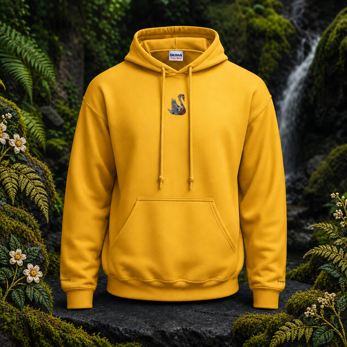 Swan Hoodie – Bright Future product image — original product in a realistic nature scene with embroidered environmental details.