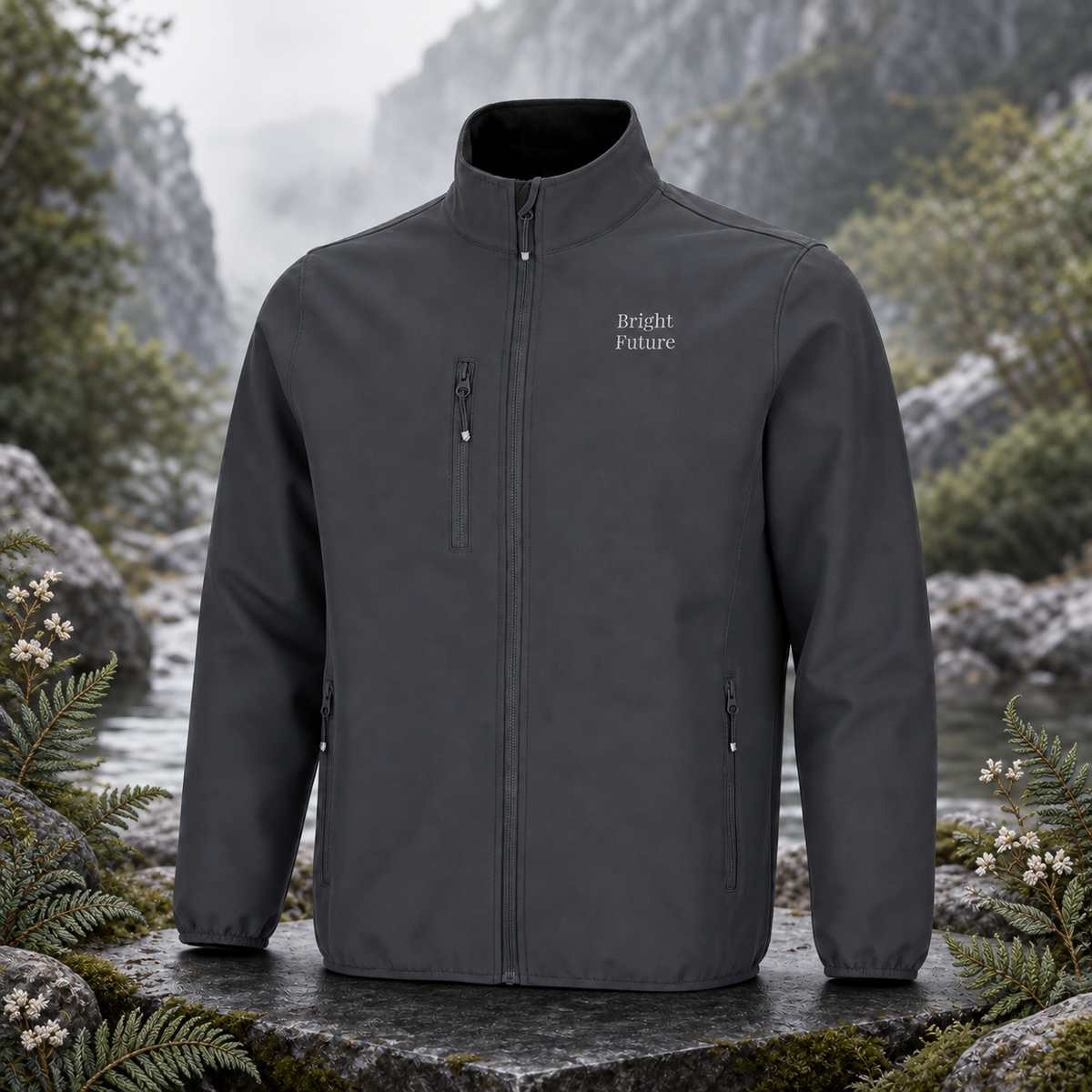 Recycled Softshell Jacket – Bright Future product image — original product in a realistic nature scene with embroidered environmental details.