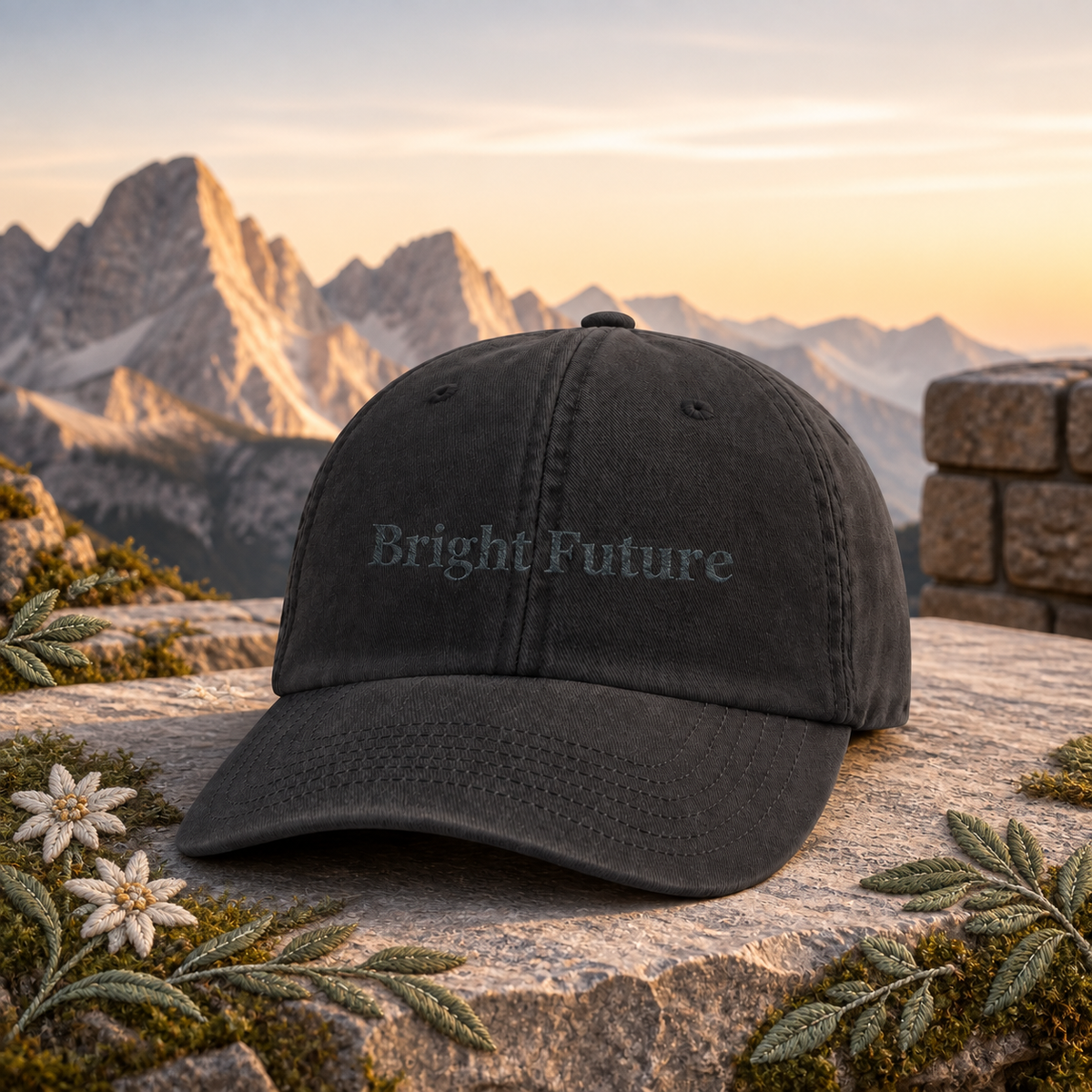 Bright Future Vintage Hat – Bright Future product image — original product in a realistic nature scene with embroidered environmental details.