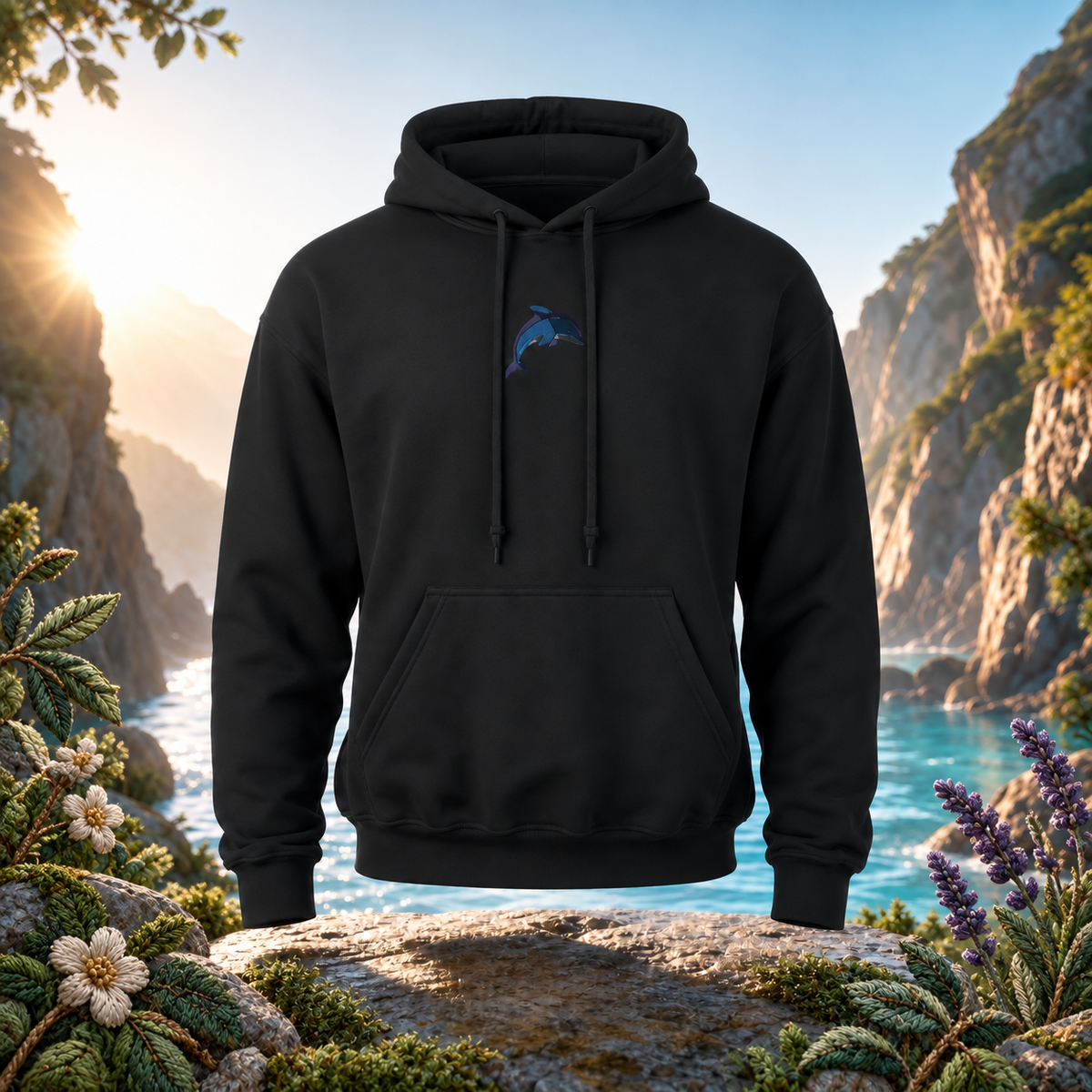 Dolphin Hoodie – Joy, Harmony & Intelligence – Bright Future product image — original product in a realistic nature scene with embroidered environmental details.