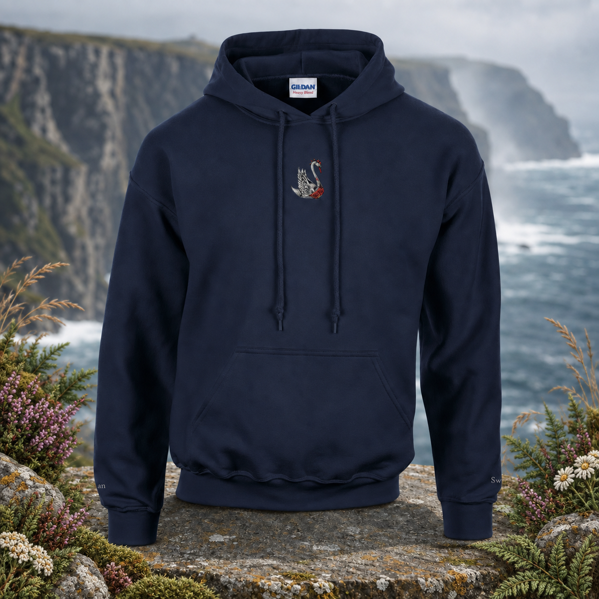 Swan Hoodie – Bright Future product image — original product in a realistic nature scene with embroidered environmental details.