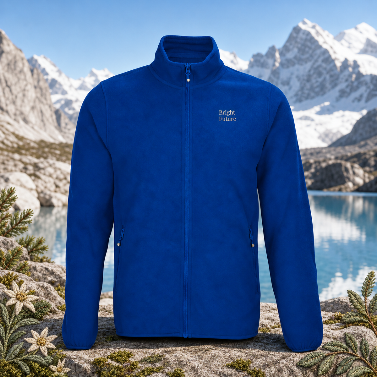 Recycled Microfleece Jacket – Bright Future product image — original product in a realistic nature scene with embroidered environmental details.