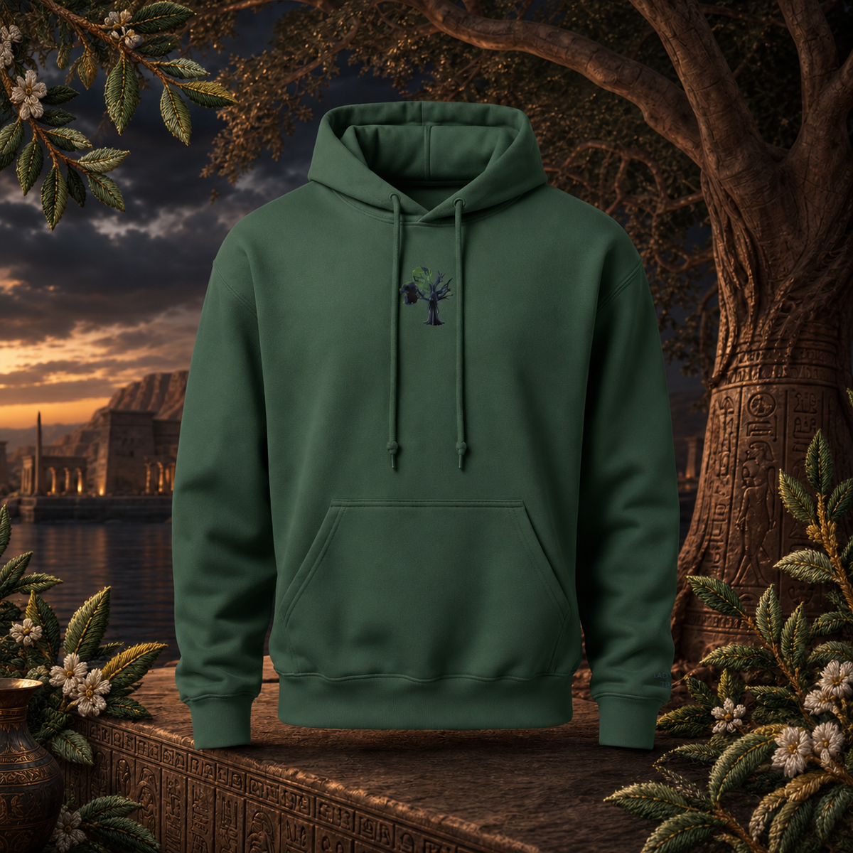 Lady of the Sycamore Symbol Hoodie – Bright Future product image — original product in a realistic nature scene with embroidered environmental details.