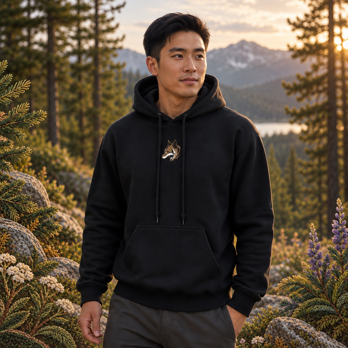 Fox Hoodie in Black – Bright Future product image — realistic model in an embroidered nature scene.