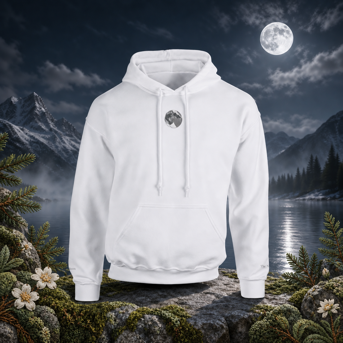 Moon Symbol Hoodie in White – Bright Future product image — original product in a realistic nature scene with embroidered environmental details.