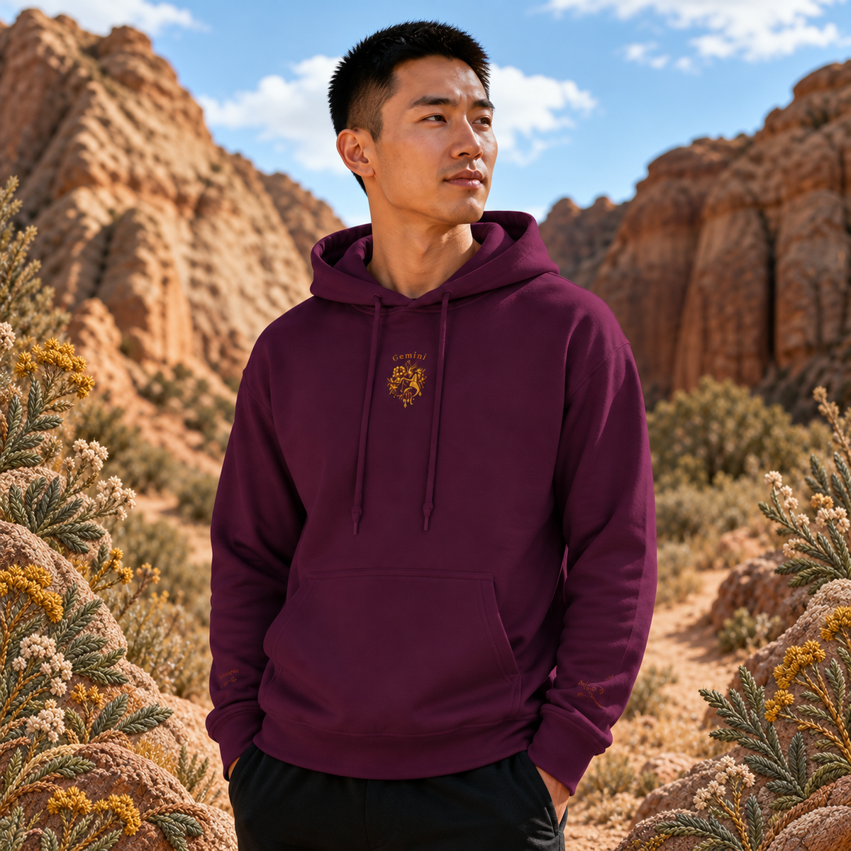 Gemini Zodiac Hoodie in Maroon – Bright Future product image — realistic model in an embroidered nature scene.