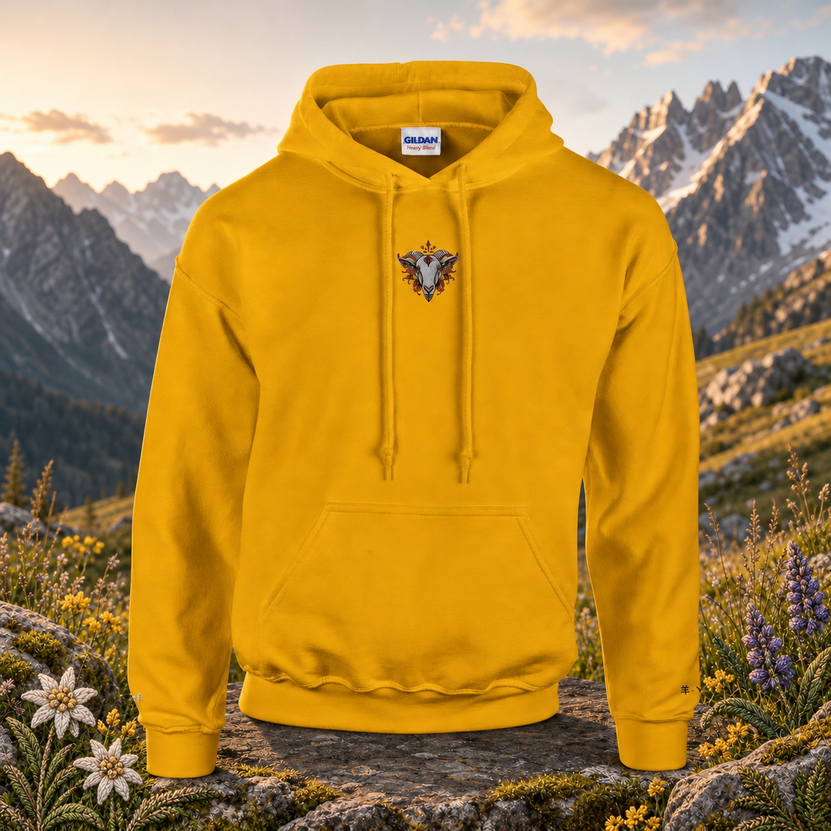 Goat Chinese Zodiac Hoodie in Gold – Bright Future product image — original product in a realistic nature scene with embroidered environmental details.