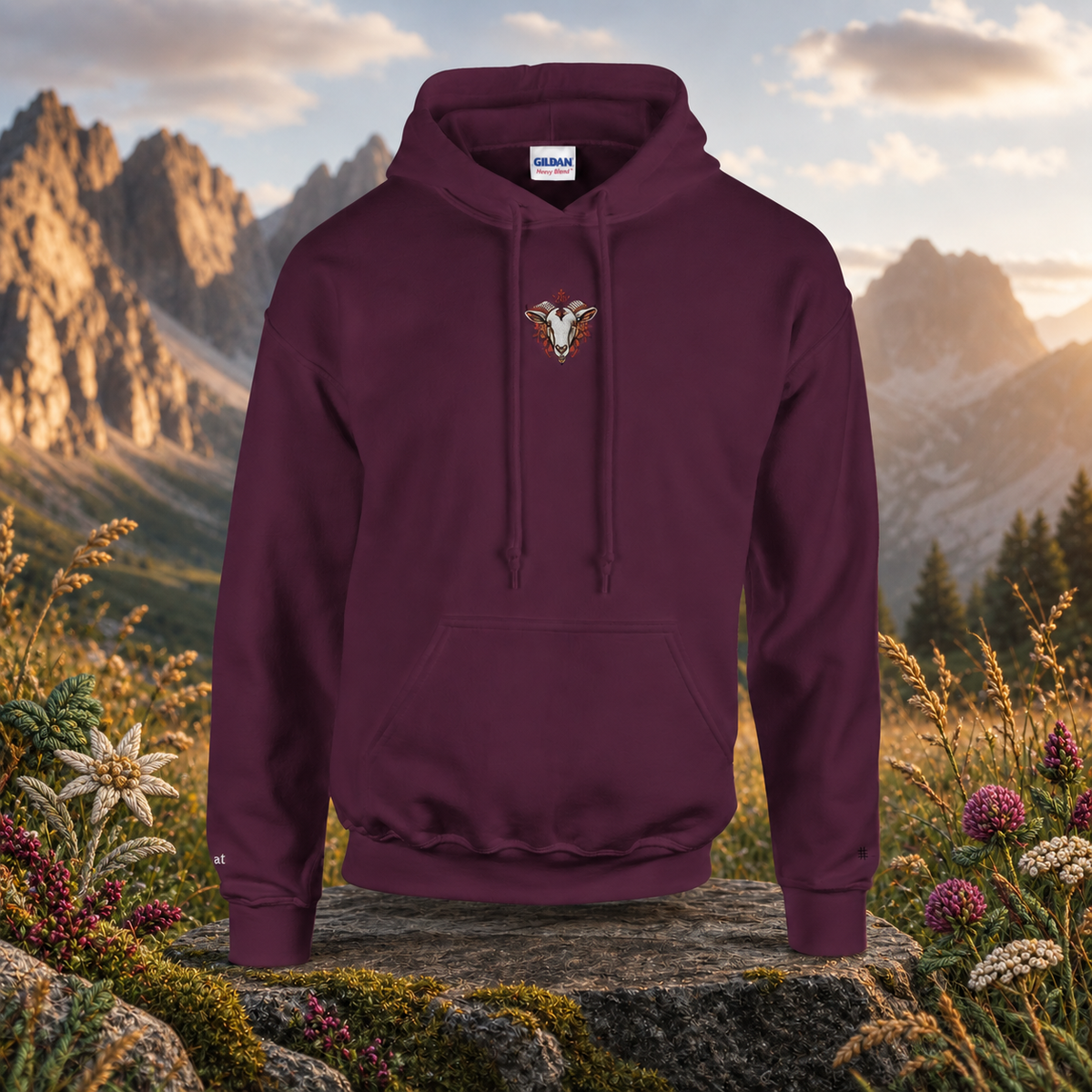 Goat Chinese Zodiac Hoodie in Maroon – Bright Future product image — original product in a realistic nature scene with embroidered environmental details.