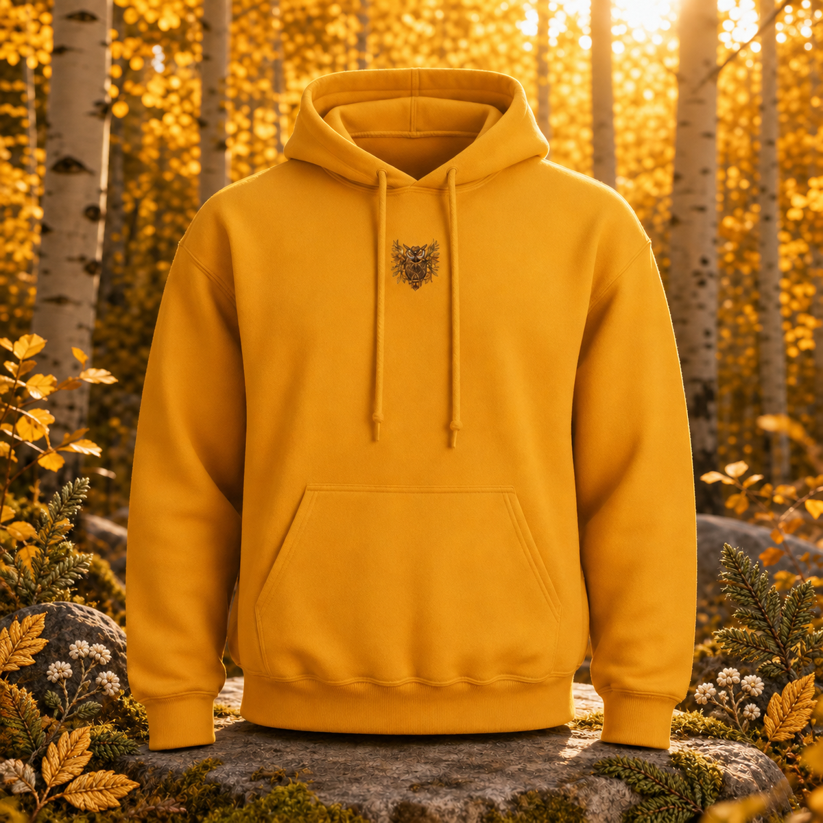 Owl Hoodie – Wisdom, Intuition & Mystery in Gold – Bright Future product image — original product in a realistic nature scene with embroidered environmental details.