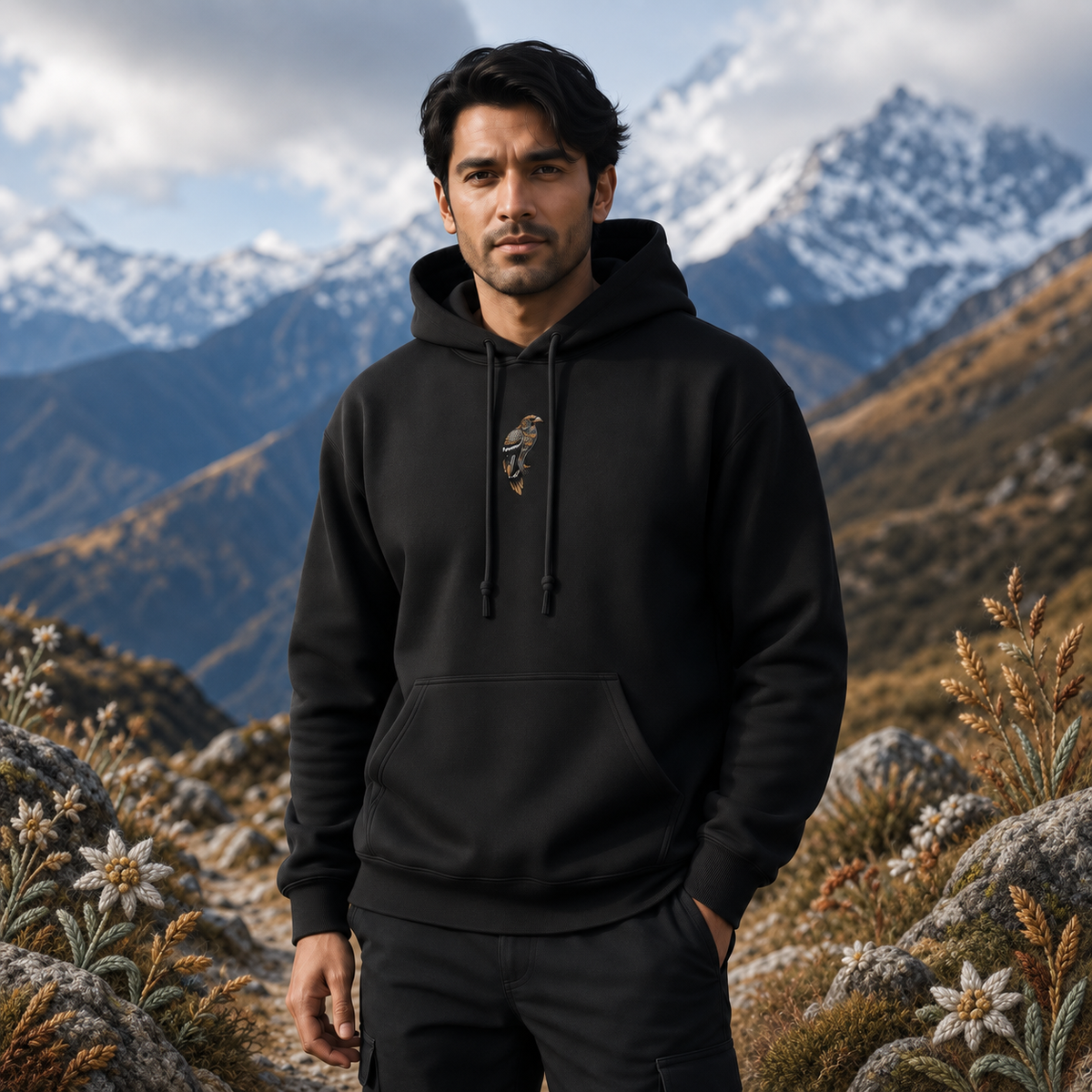 Hawk Hoodie in Black – Bright Future product image — realistic model in an embroidered nature scene.