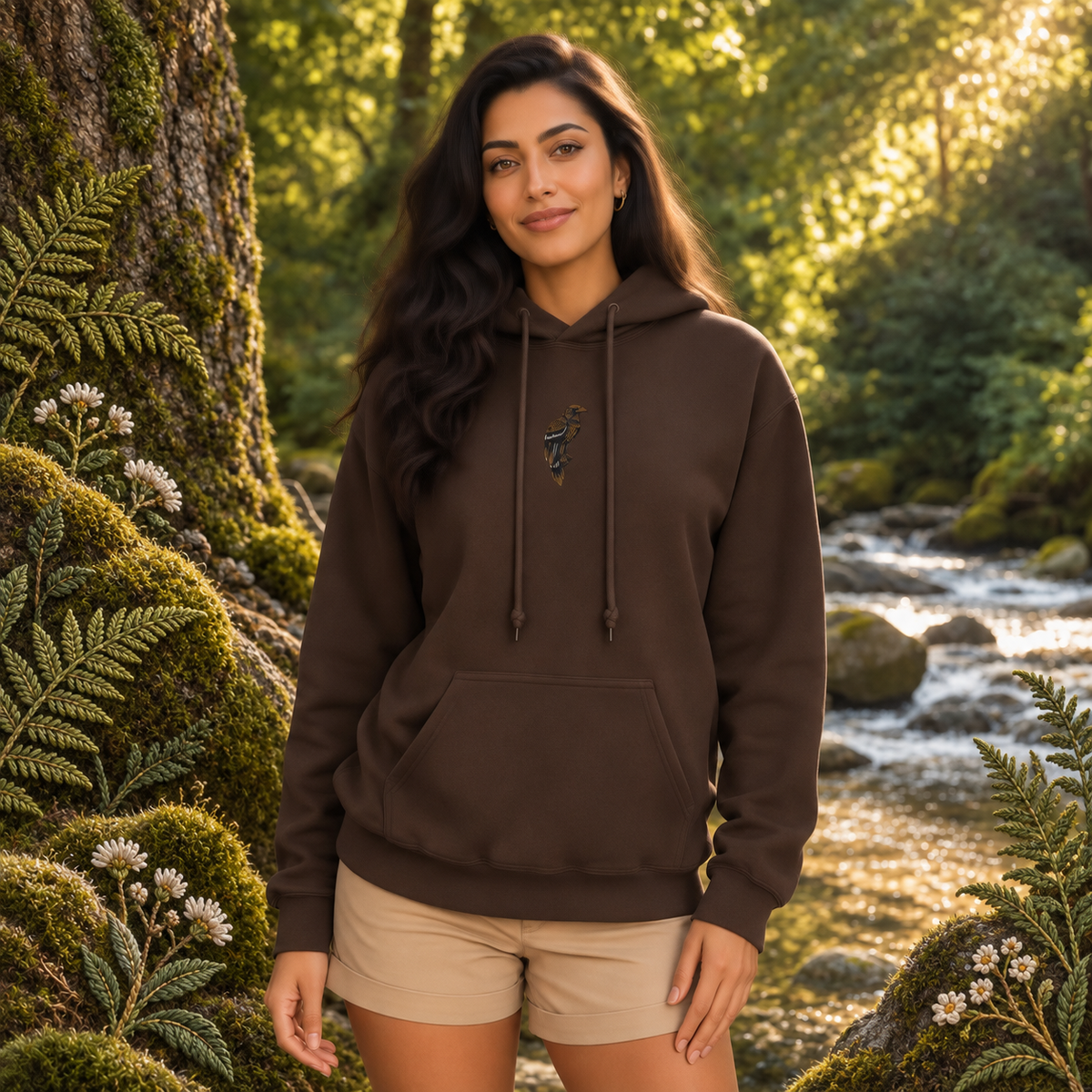 Hawk Hoodie in Dark Chocolate – Bright Future product image — realistic model in an embroidered nature scene.