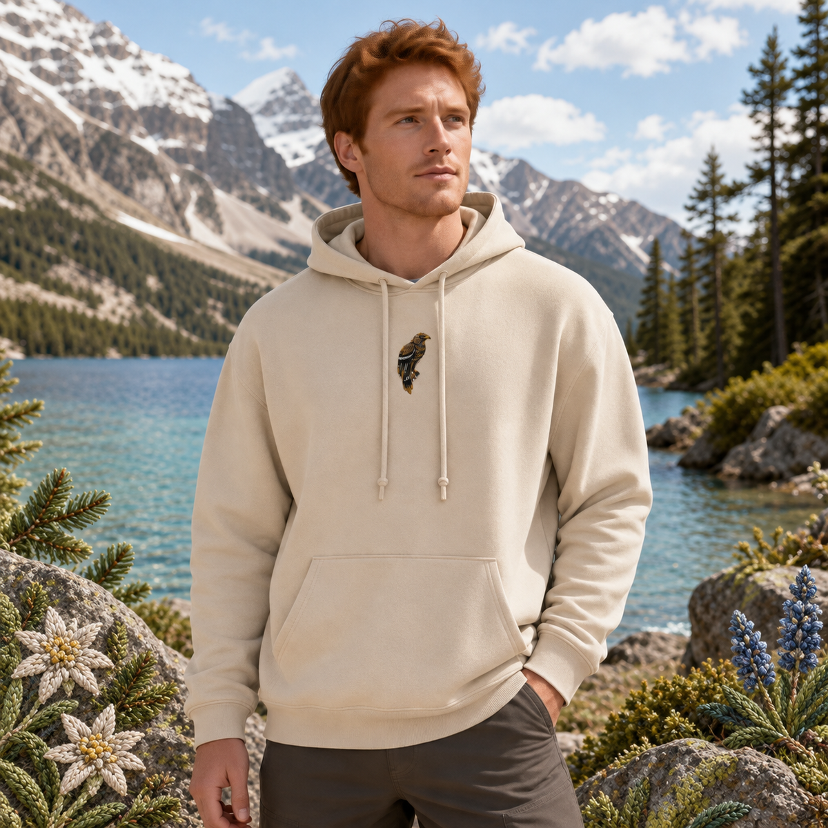 Hawk Hoodie in Sand – Bright Future product image — realistic model in an embroidered nature scene.